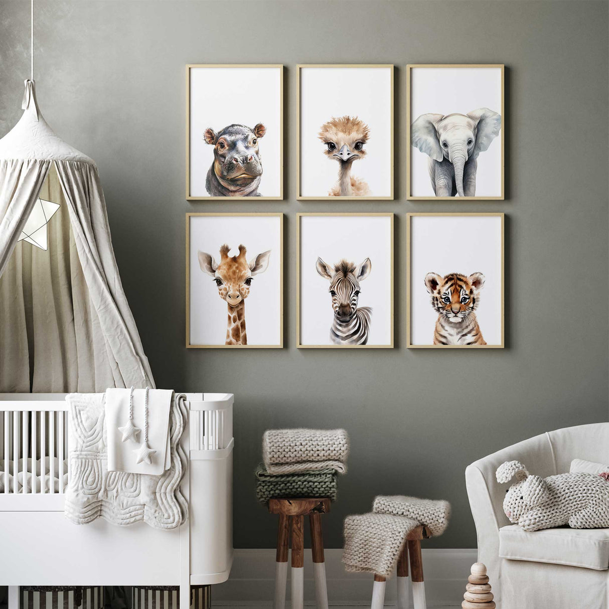 Neutral safari baby animal wall art set with giraffe, zebra, elephant, tiger, hippo, ostrich – perfect for nursery or kids room.