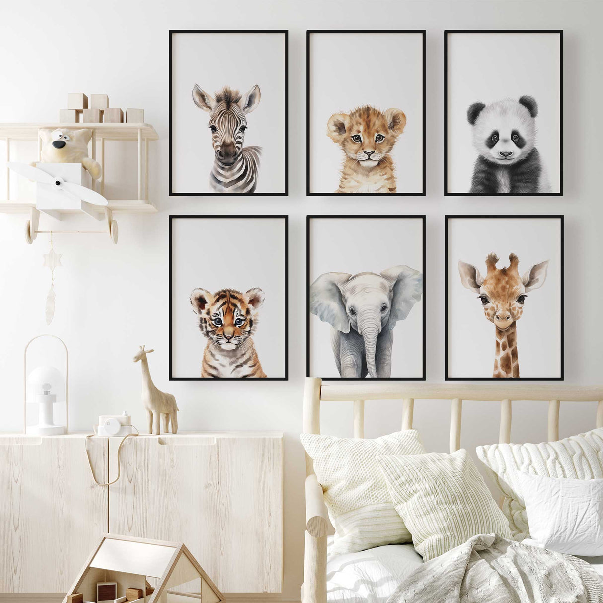 Baby safari animal nursery prints including zebra, lion, panda, tiger, elephant and giraffe in neutral tones for nursery wall decor