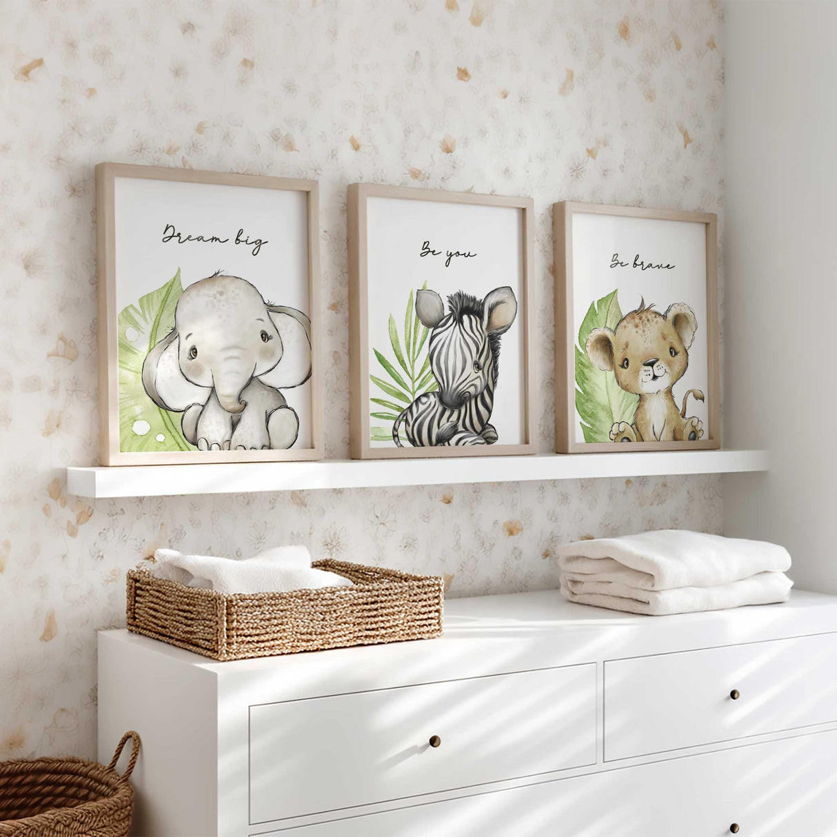 Baby safari wall print set with elephant lion and zebra jungle nursery artwork