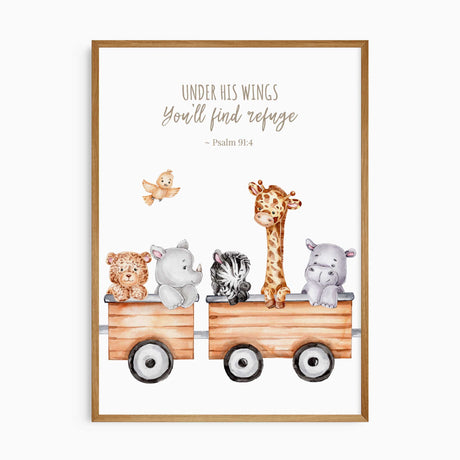 Bible verse nursery wall art featuring jungle animals on train