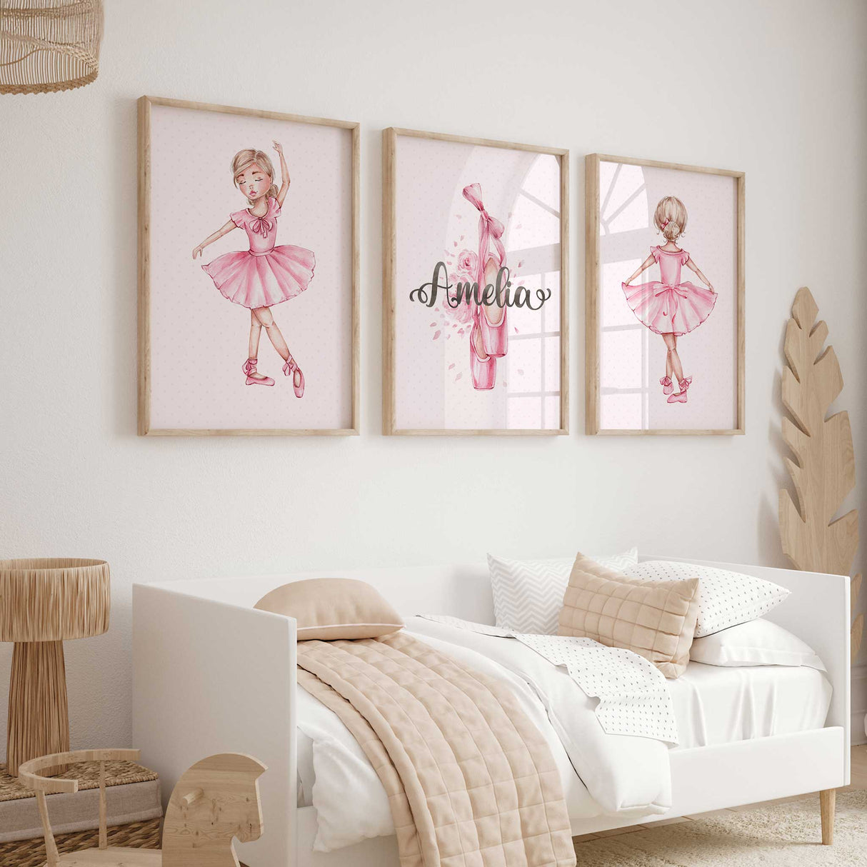 Ballerina wall art set for girls room in pink with personalised name and ballet dancers