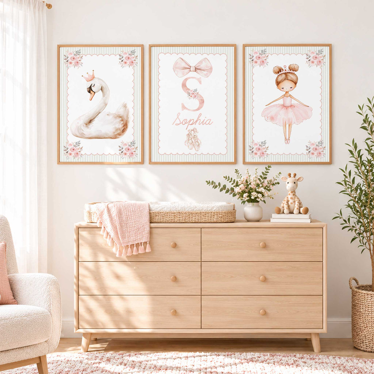 Personalised ballerina and swan print set with a name and initial, blush bow, ballet slippers and floral borders.