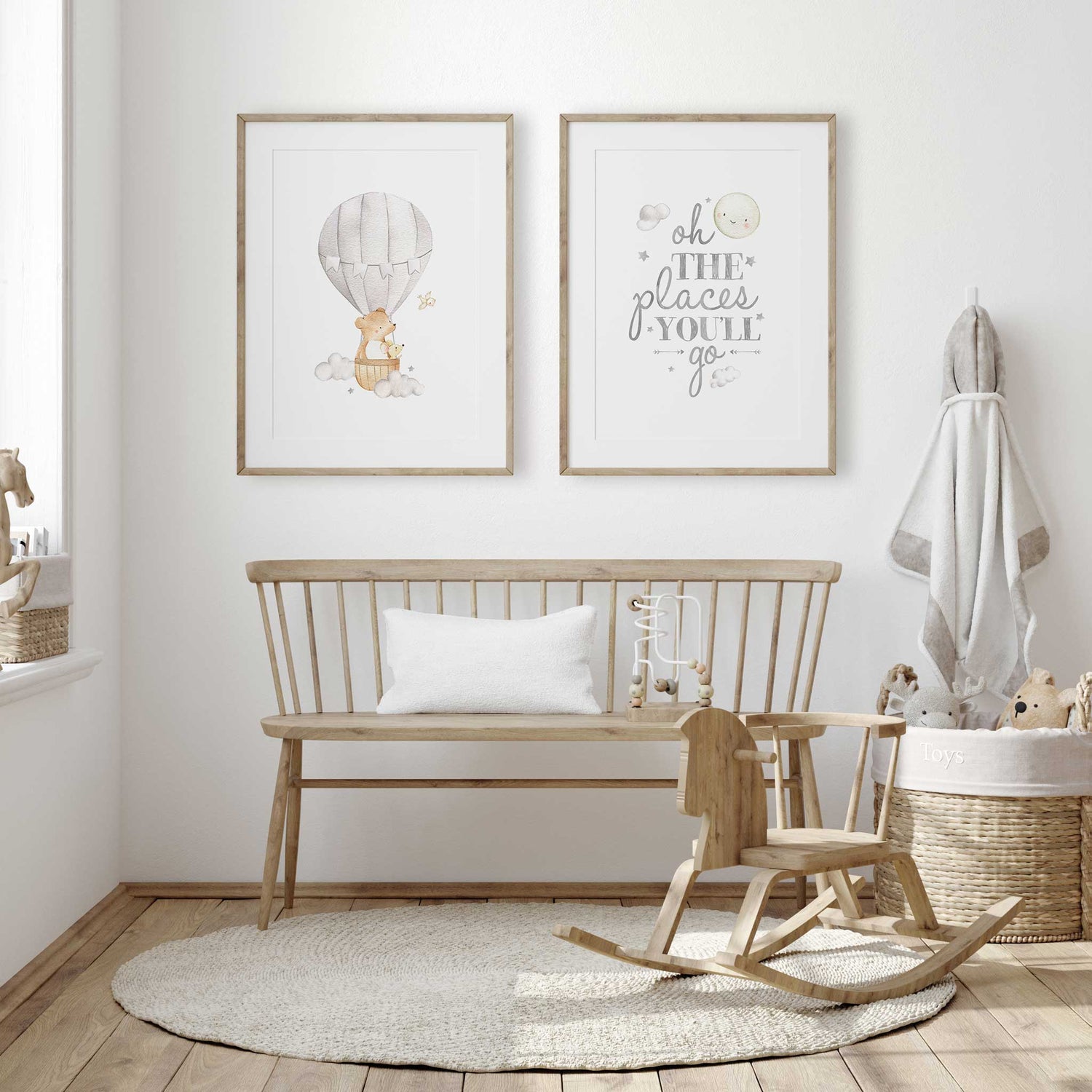 Grey balloon bear and quote nursery art set for gender-neutral rooms