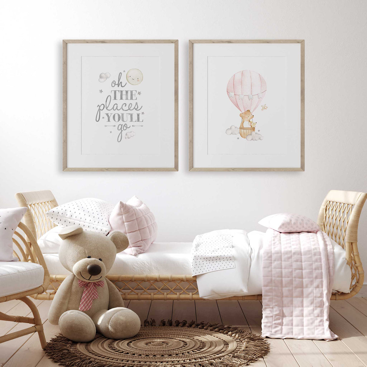 Pink balloon bear nursery wall art set with uplifting quote print