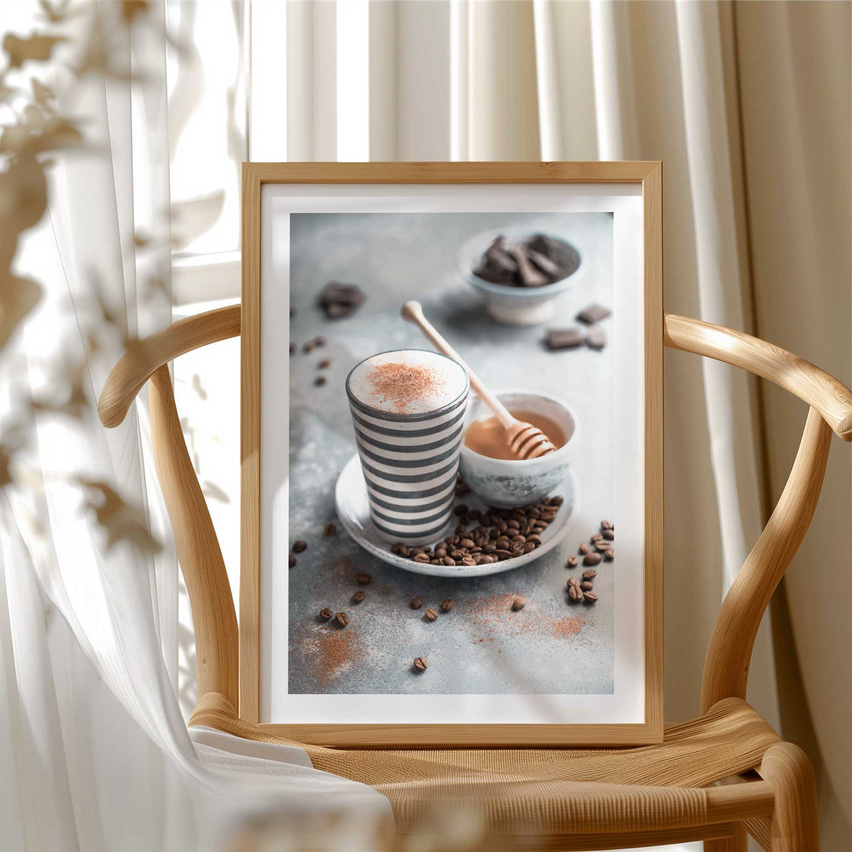 Aesthetic barista-style coffee wall art with striped mug and honey dipper – modern print for coffee nook or breakfast bar.