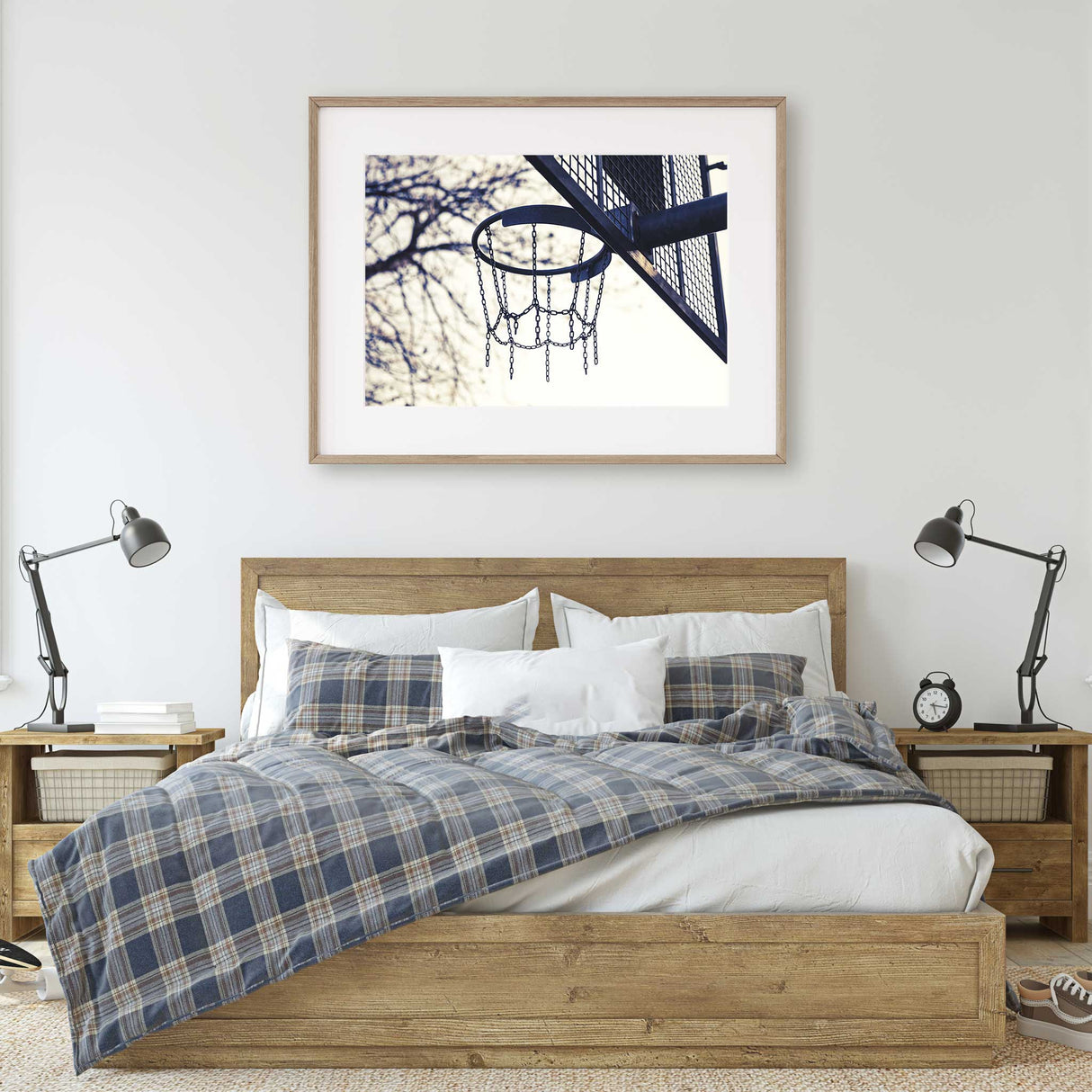basketball hoop wall decor styled for teen bedroom with modern aesthetic