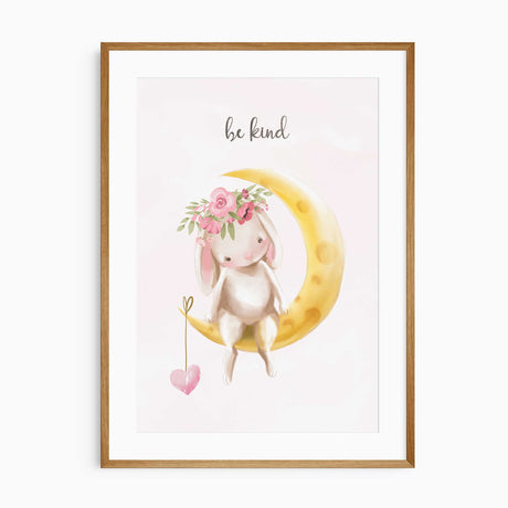 Cute rabbit print featuring a bunny riding a bicycle with flowers, ideal for baby girls nursery decor.