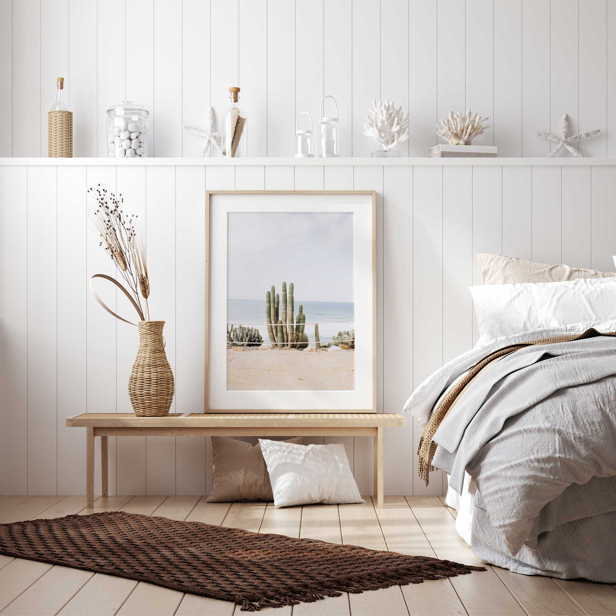 Beach cactus print with neutral sandy tones and calm sea background