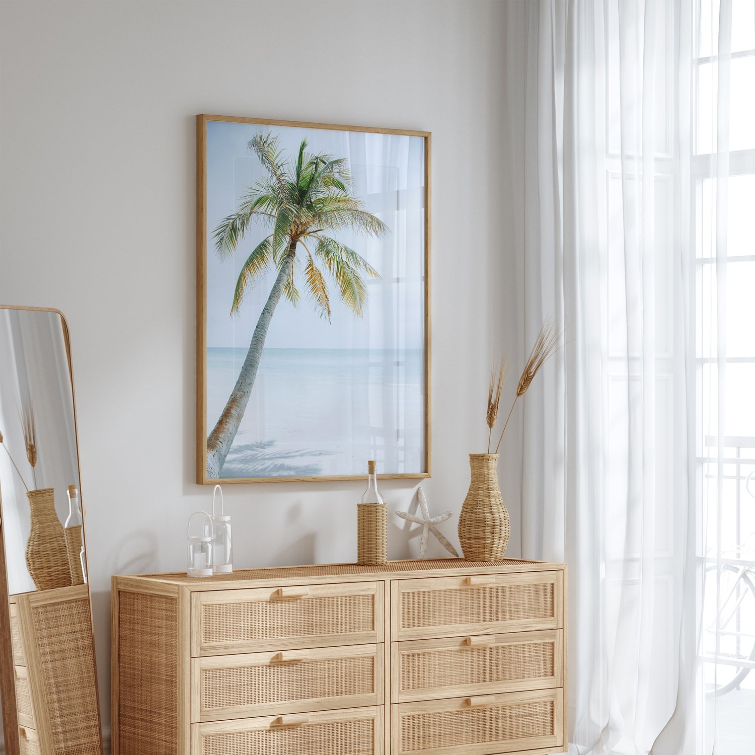 Beach home decor palm tree print with ocean horizon for coastal interiors