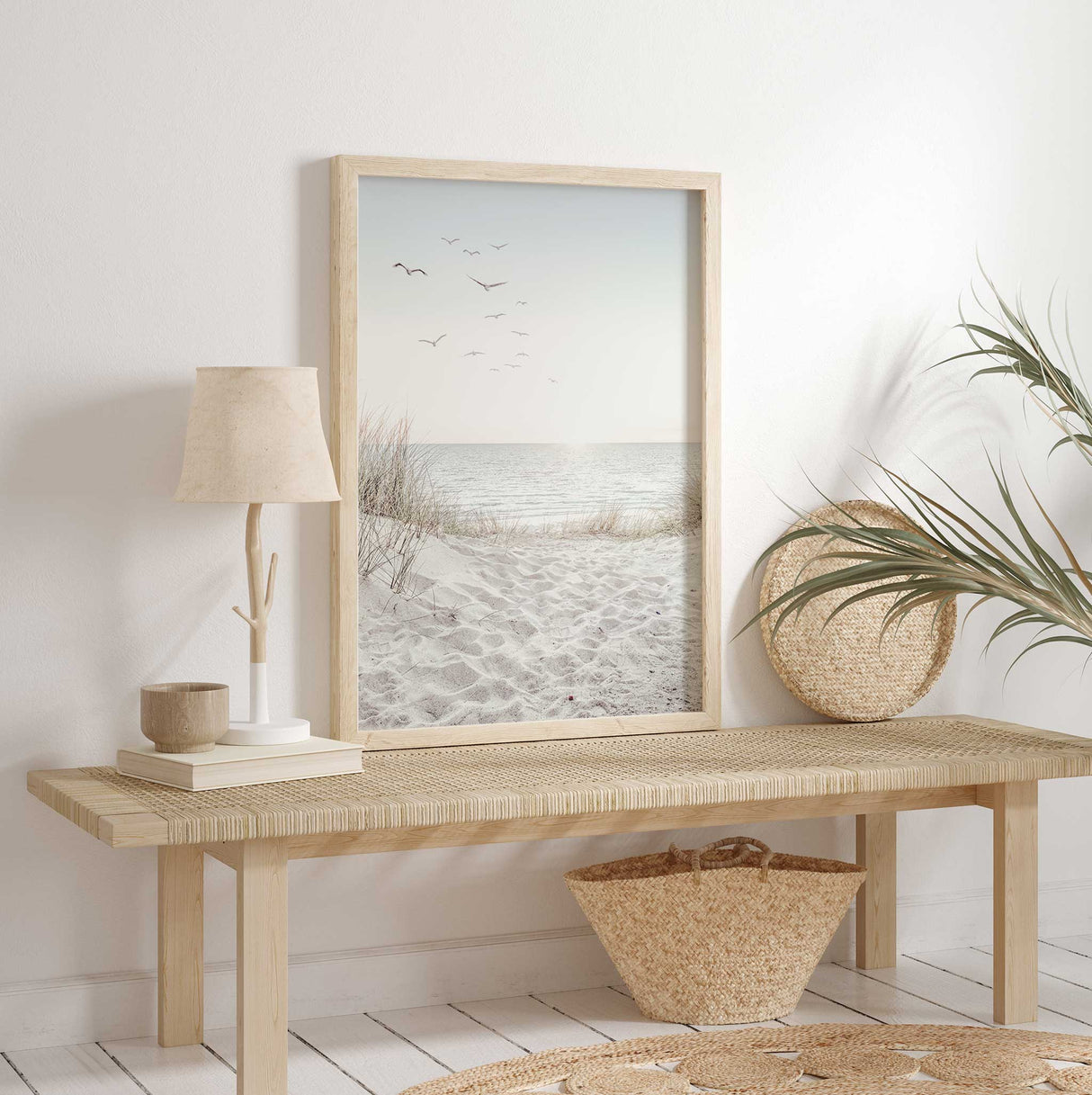 Minimalist beach wall art with sandy path to the ocean and soft light.