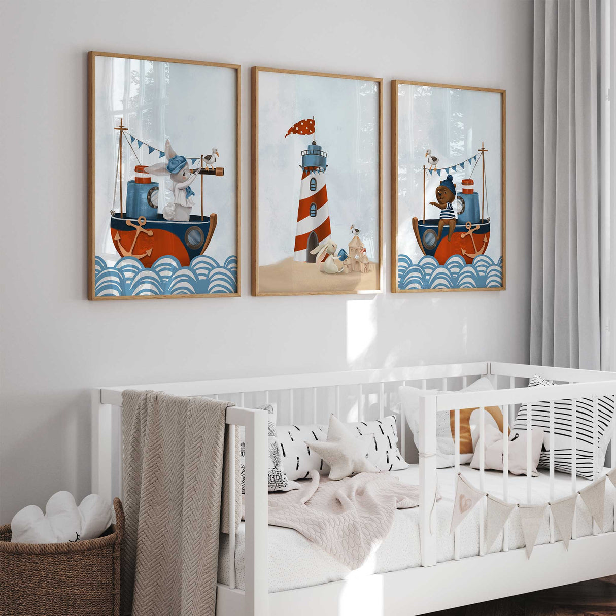Lighthouse and playful animal sailors – beach theme kids wall art print set