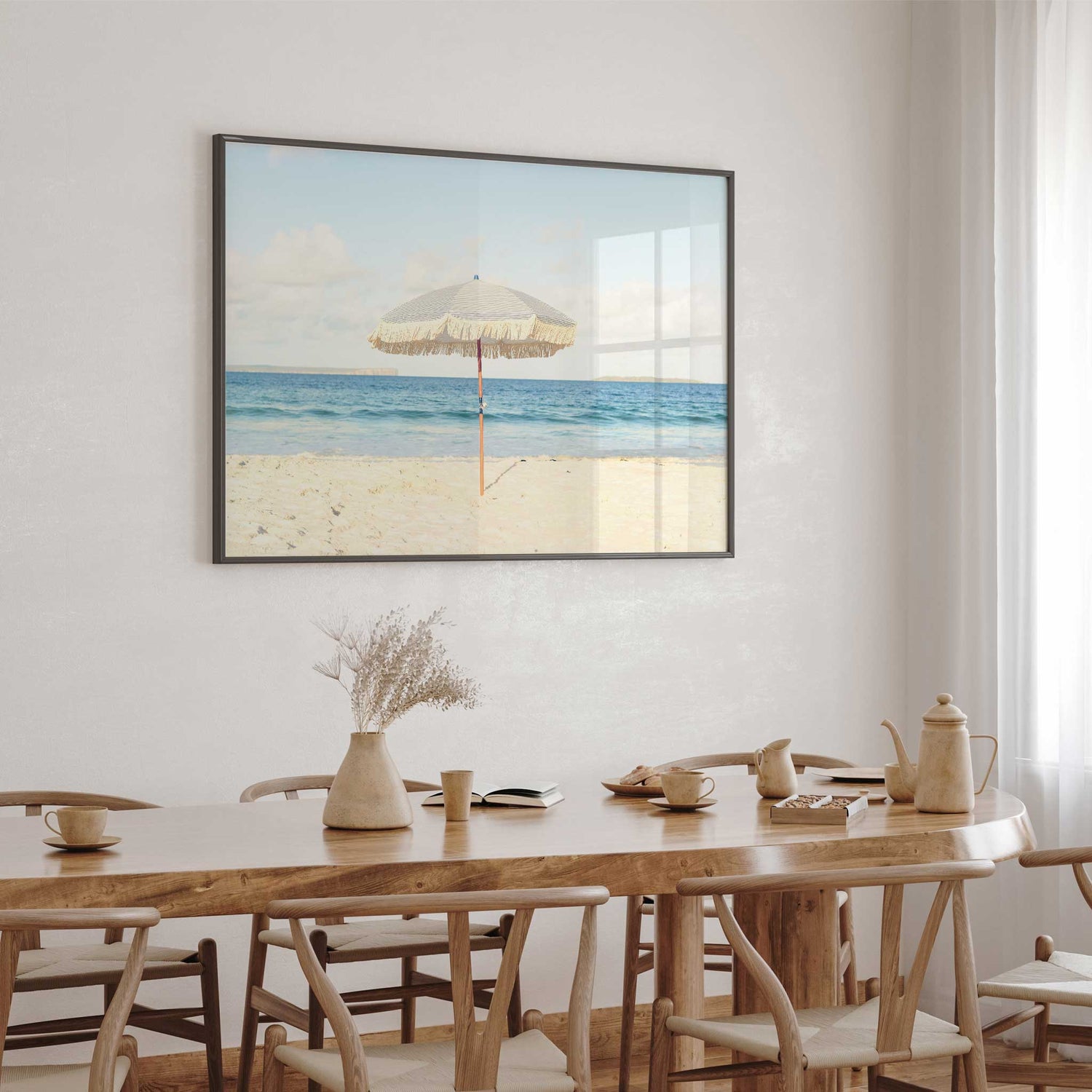 beach photography print with ocean waves and an elegant parasol for relaxed interiors.