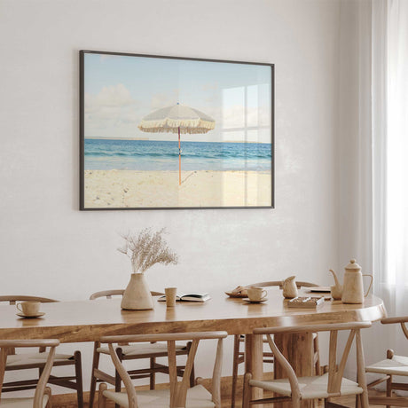 beach photography print with ocean waves and an elegant parasol for relaxed interiors.