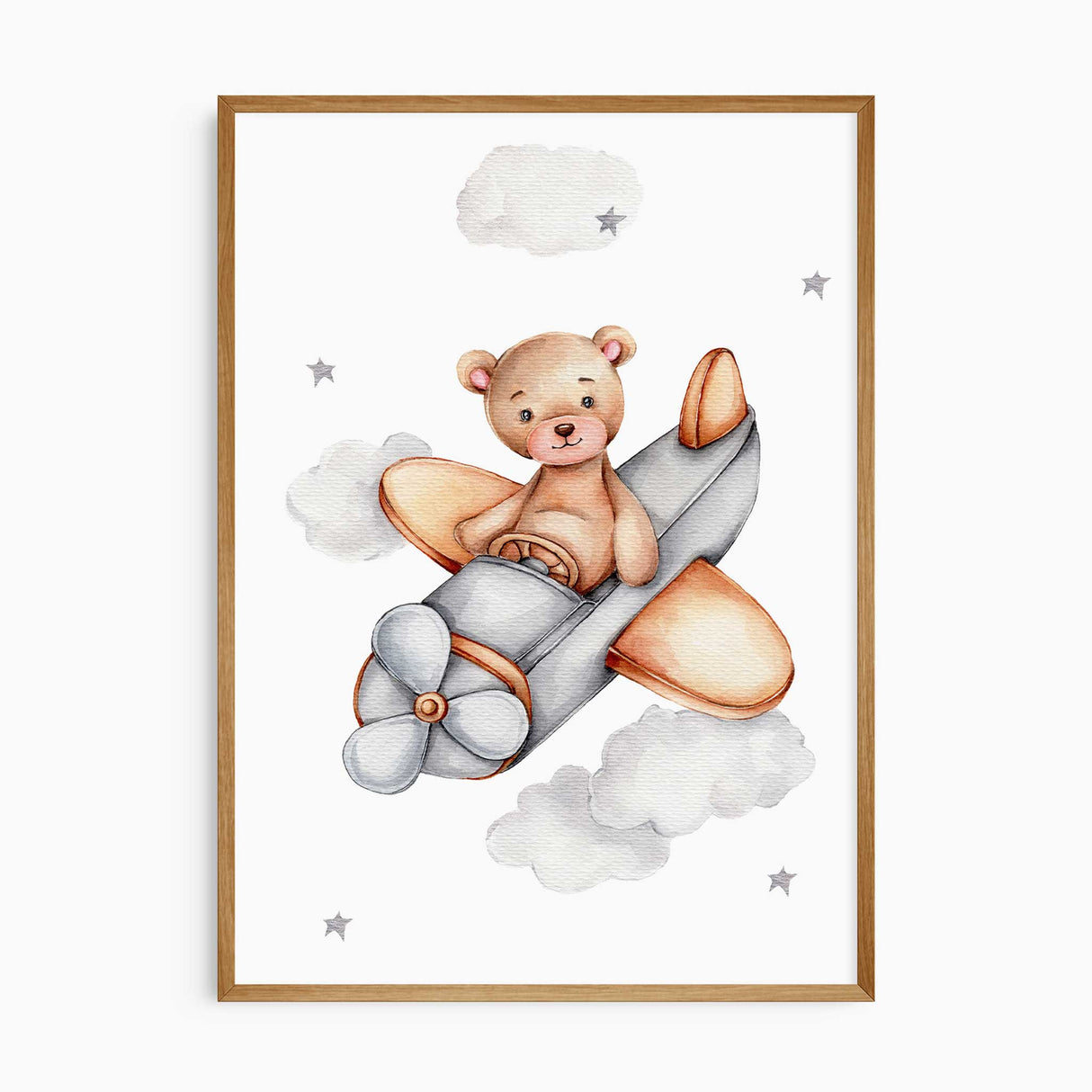 Cute bear flying a toy airplane among clouds, kids bedroom wall art