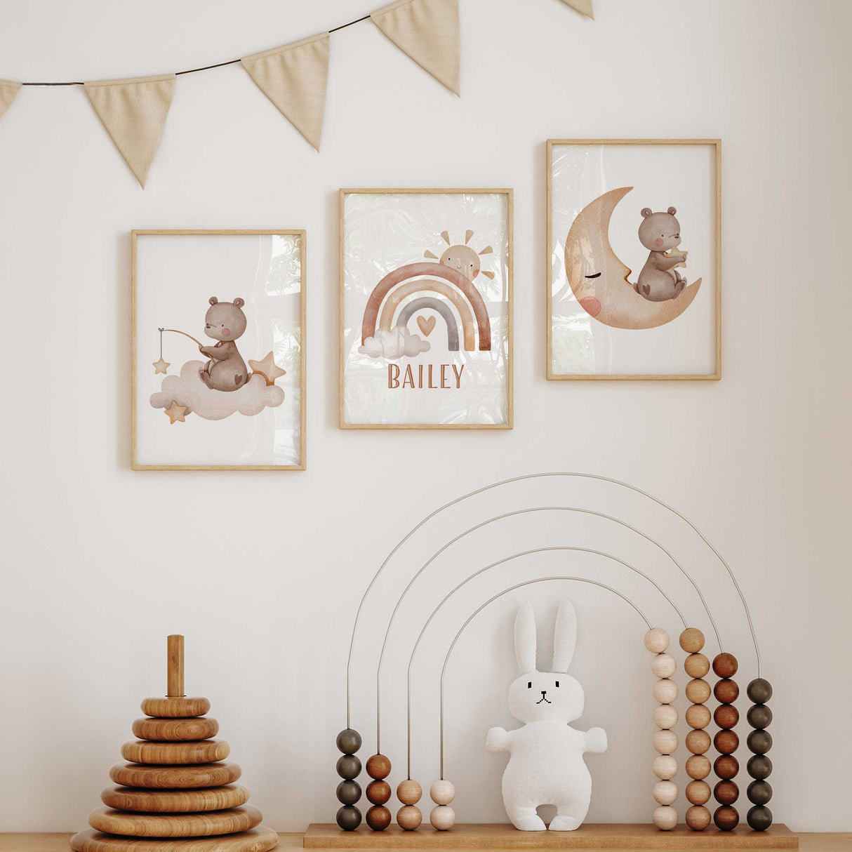 Bear on cloud nursery wall art with stars and soft neutral palette