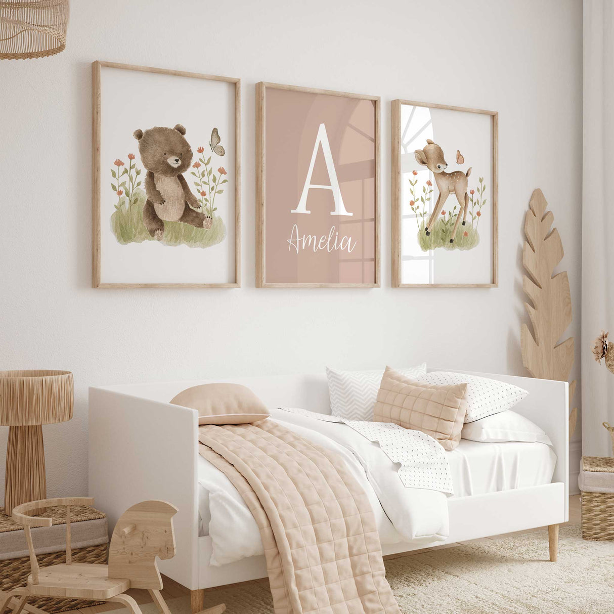 Bear and deer wall art prints for baby nursery with blush pink name print