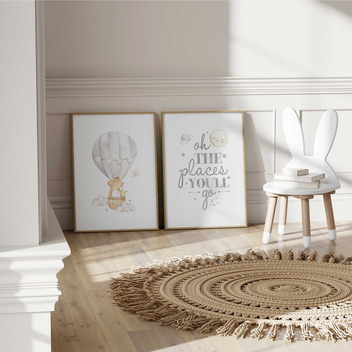 Bear and bunny in a hot air balloon with clouds, whimsical nursery wall art