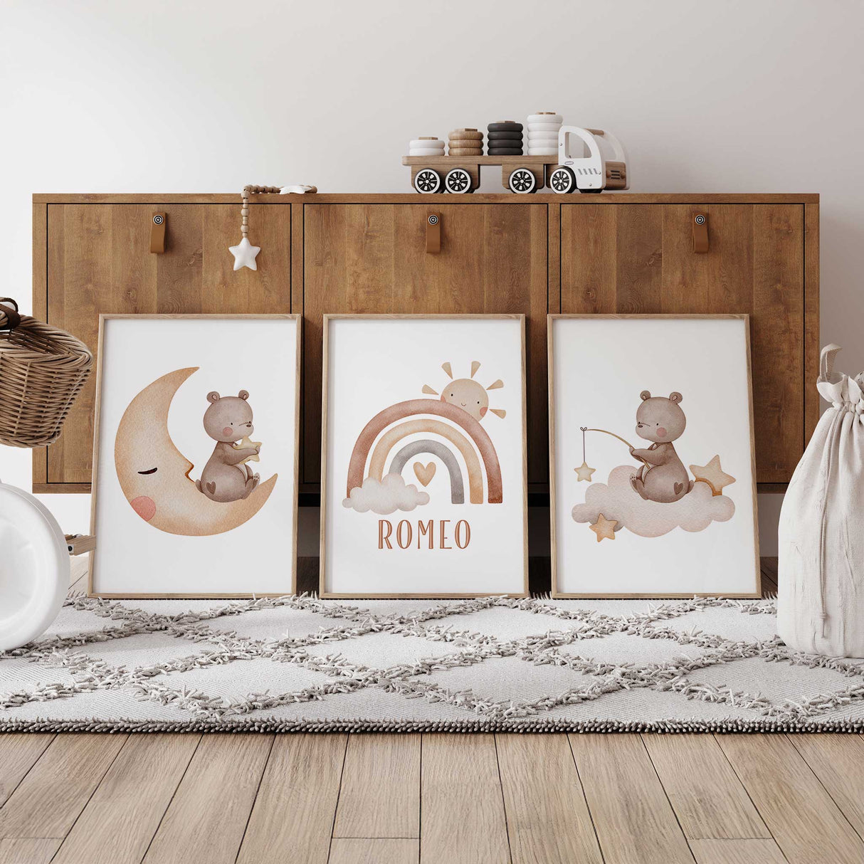 Bear sitting on moon nursery wall art in soft neutral tones