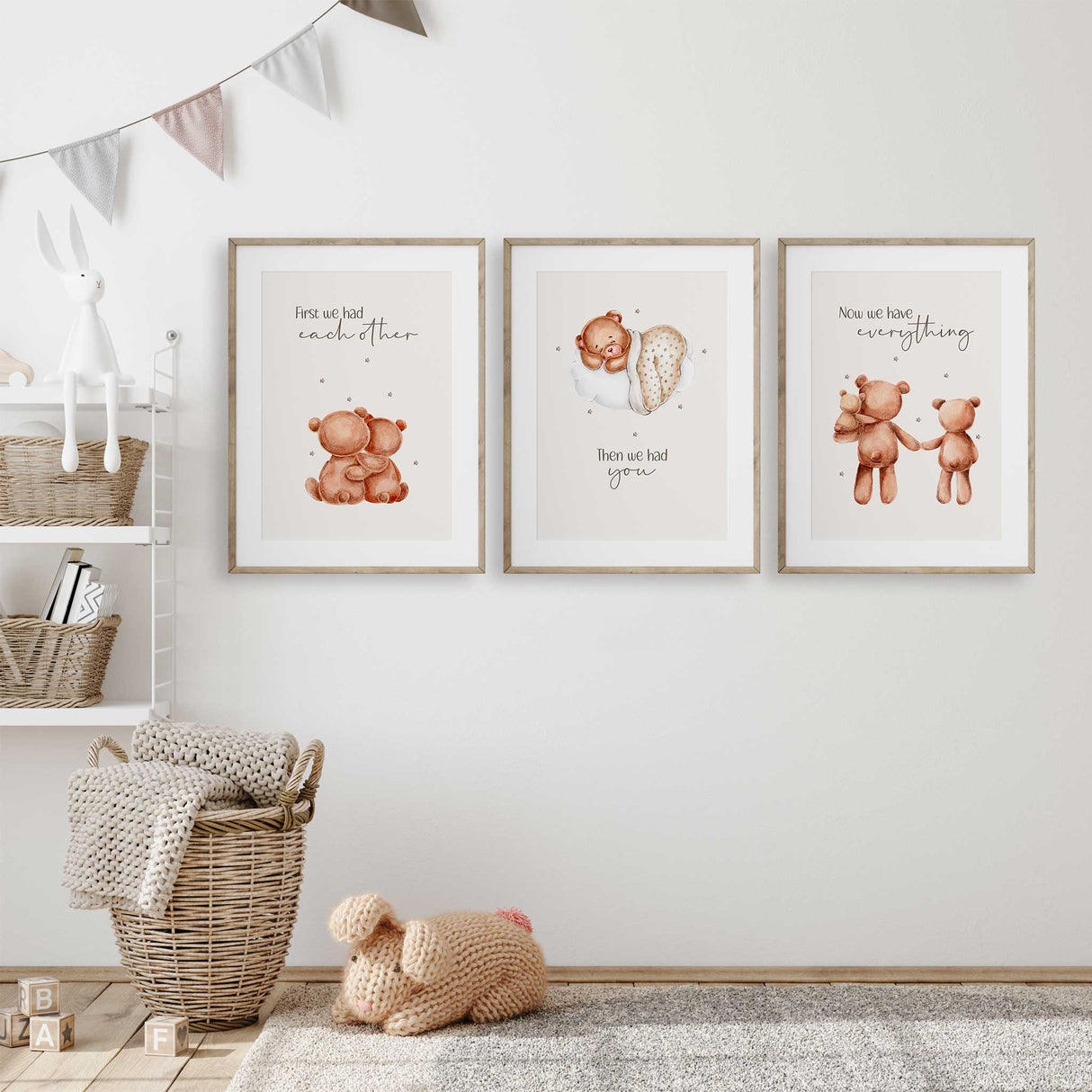 Nursery wall art set featuring three teddy bear prints with sweet family sayings in neutral tones.