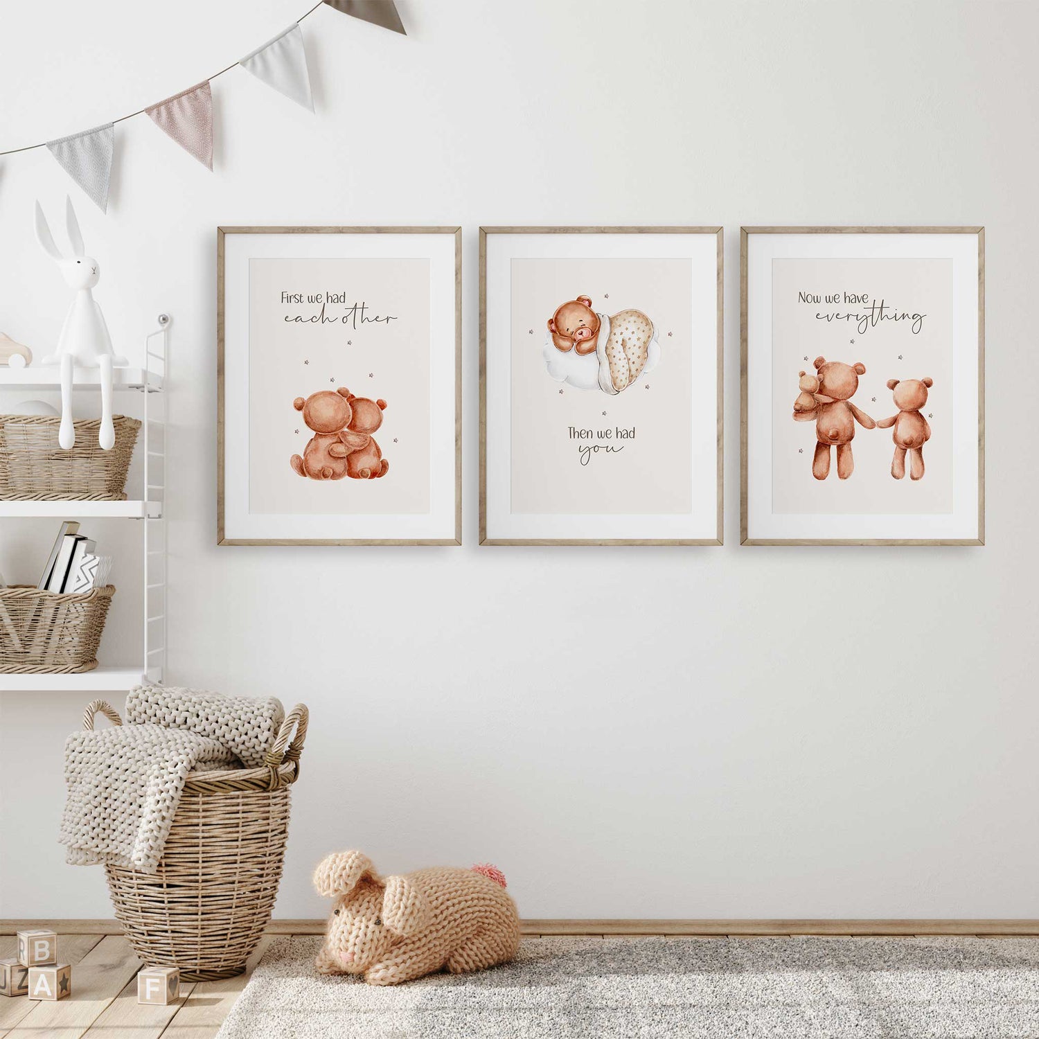 Nursery wall art set featuring three teddy bear prints with sweet family sayings in neutral tones.