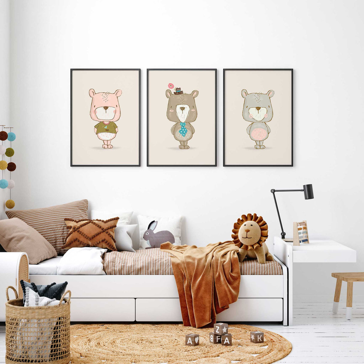coordinated trio of bear prints for wall decor