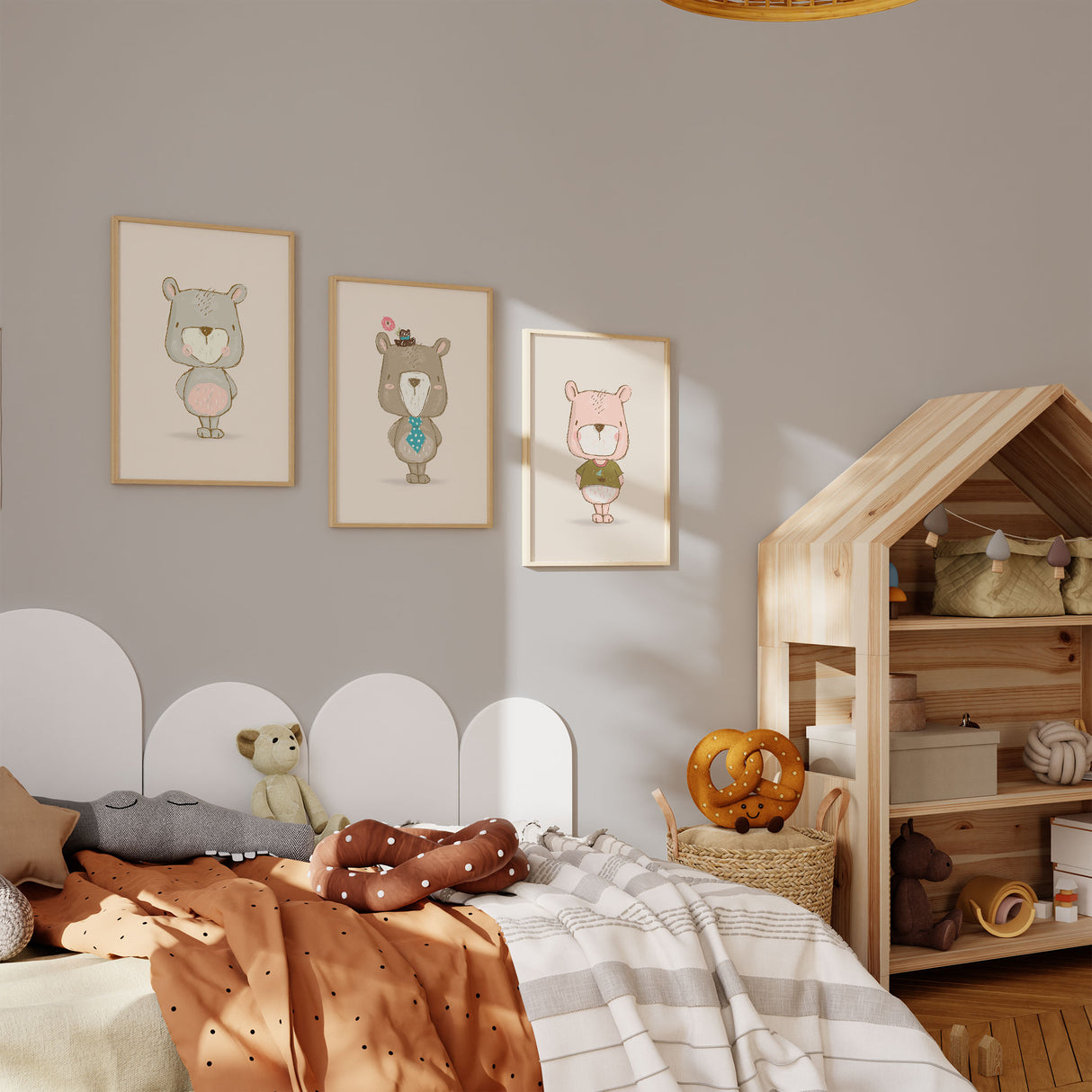 cute illustrated bear wall art set for kids room