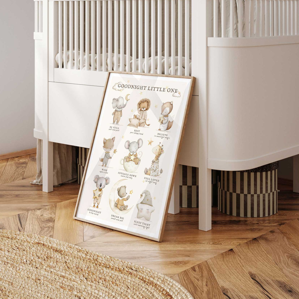 Bedtime nursery wall art with soft neutral animals and gentle bedtime phrases for baby rooms and toddler bedrooms.