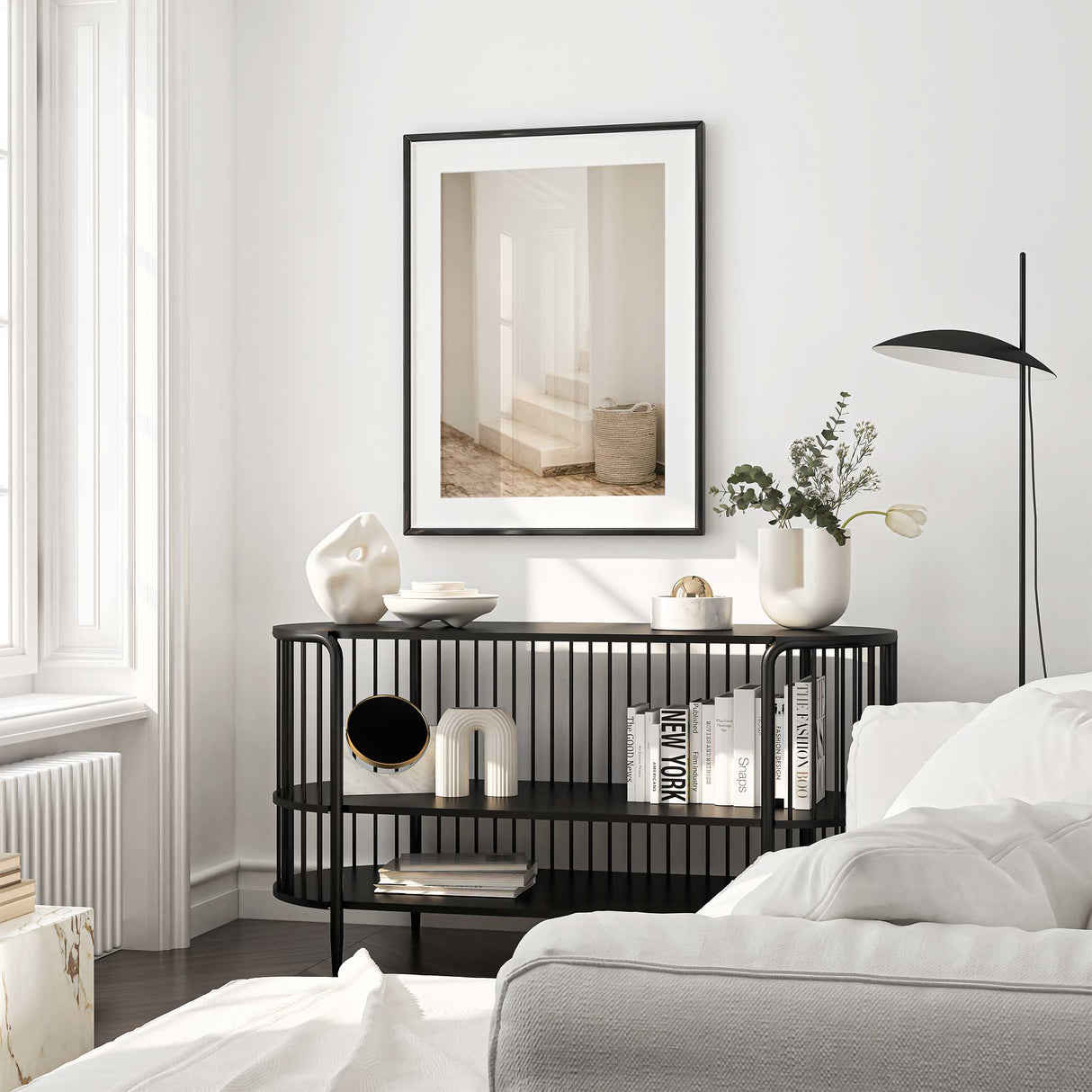 Neutral home decor print featuring curved staircase