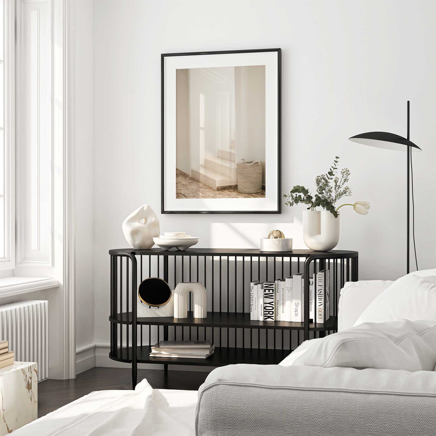 Neutral home decor print featuring curved staircase