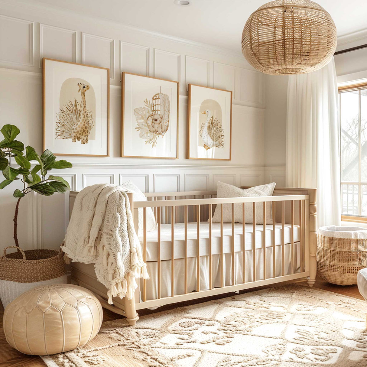 Minimalist beige animal print set with giraffe, teddy bear, and duck artwork, ideal nursery wall art for calming boho modern kids rooms.