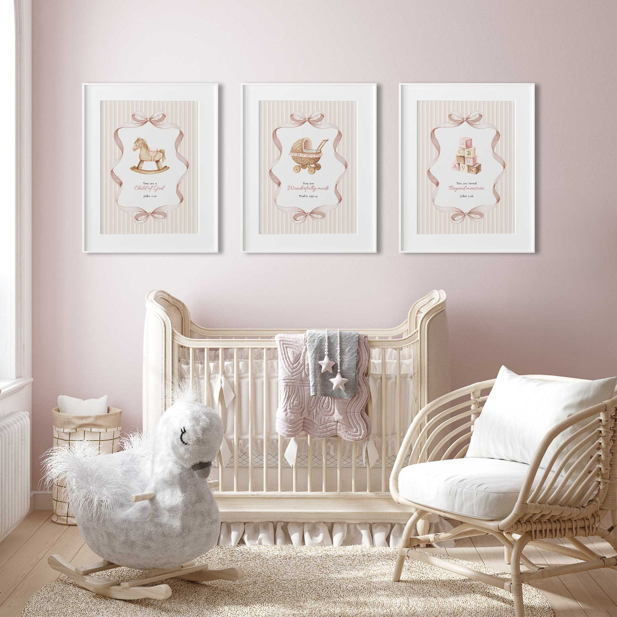 Pink Bible verse nursery wall art for girls with rocking horse, pram and alphabet blocks