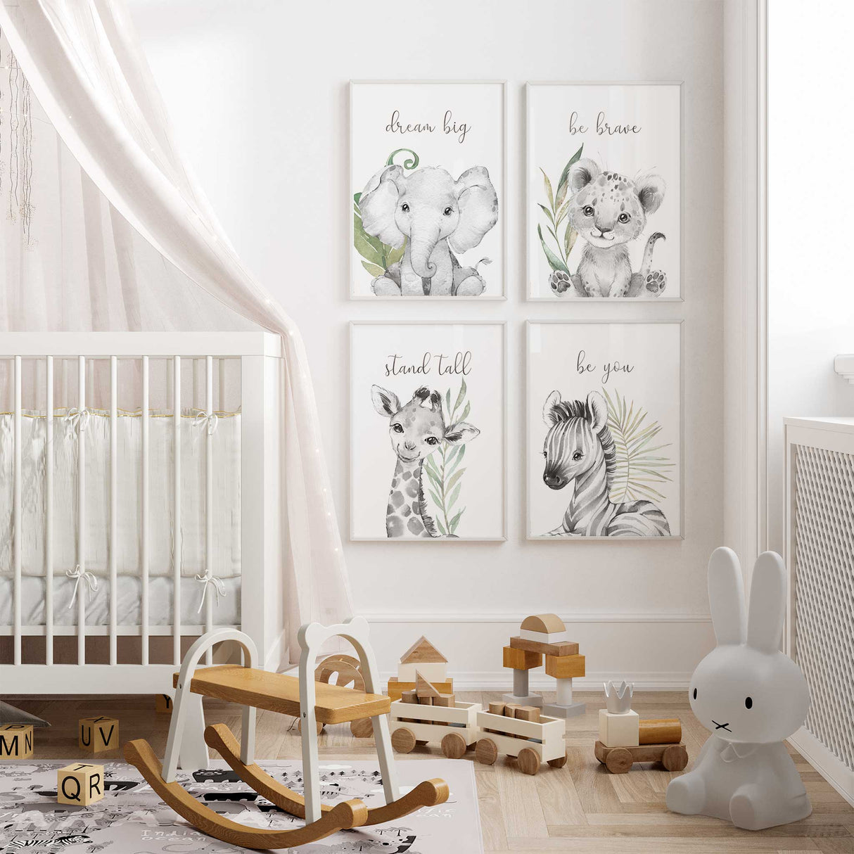 black and white safari nursery prints set of 4 with elephant giraffe leopard and zebra