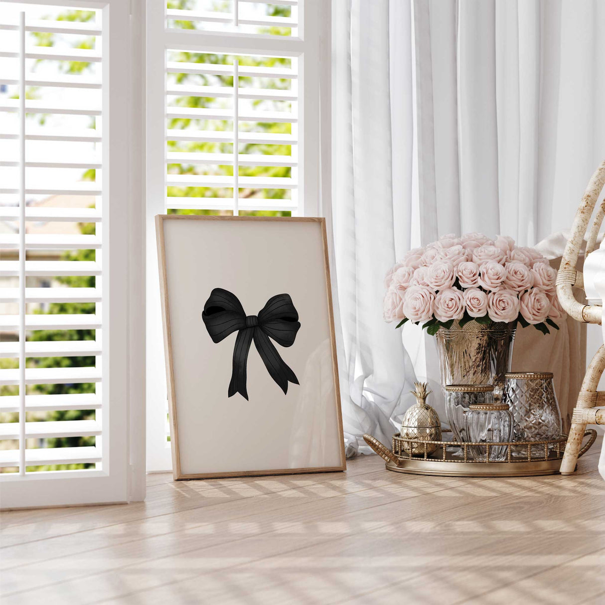 Black coquette bow wall art print for teen girls bedroom decor