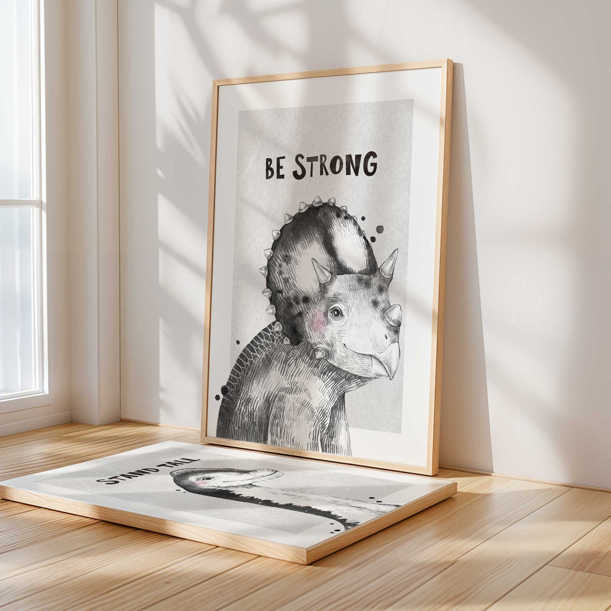 Monochrome dinosaur art print set with motivational affirmations for kids