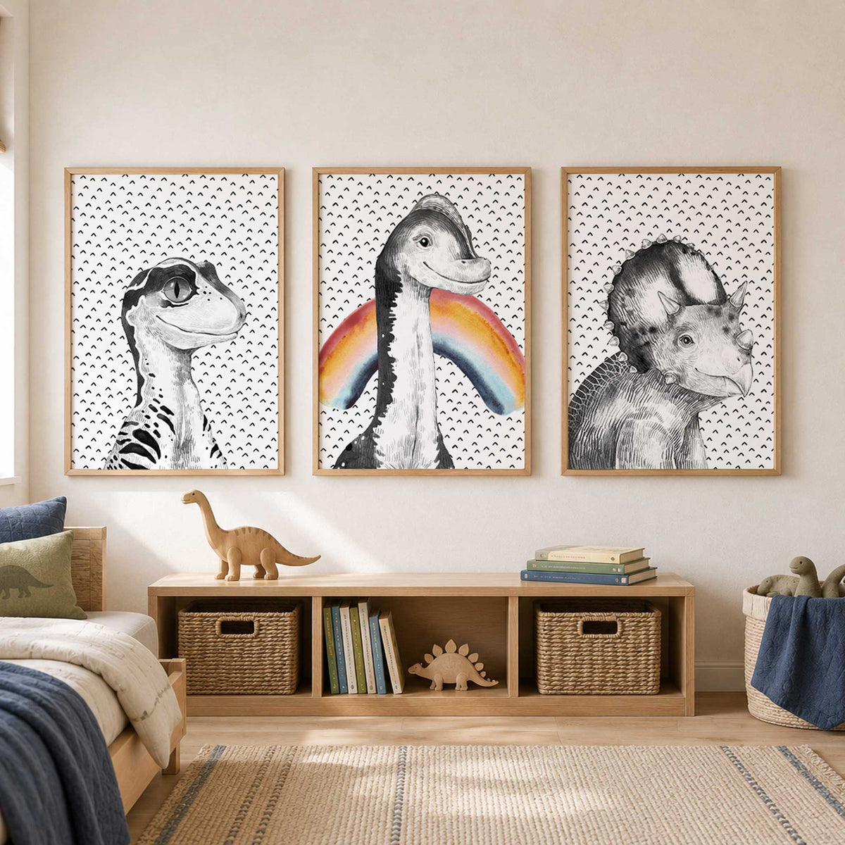 Three black and grey dinosaur portraits on white backgrounds with small black marks and one bright rainbow.