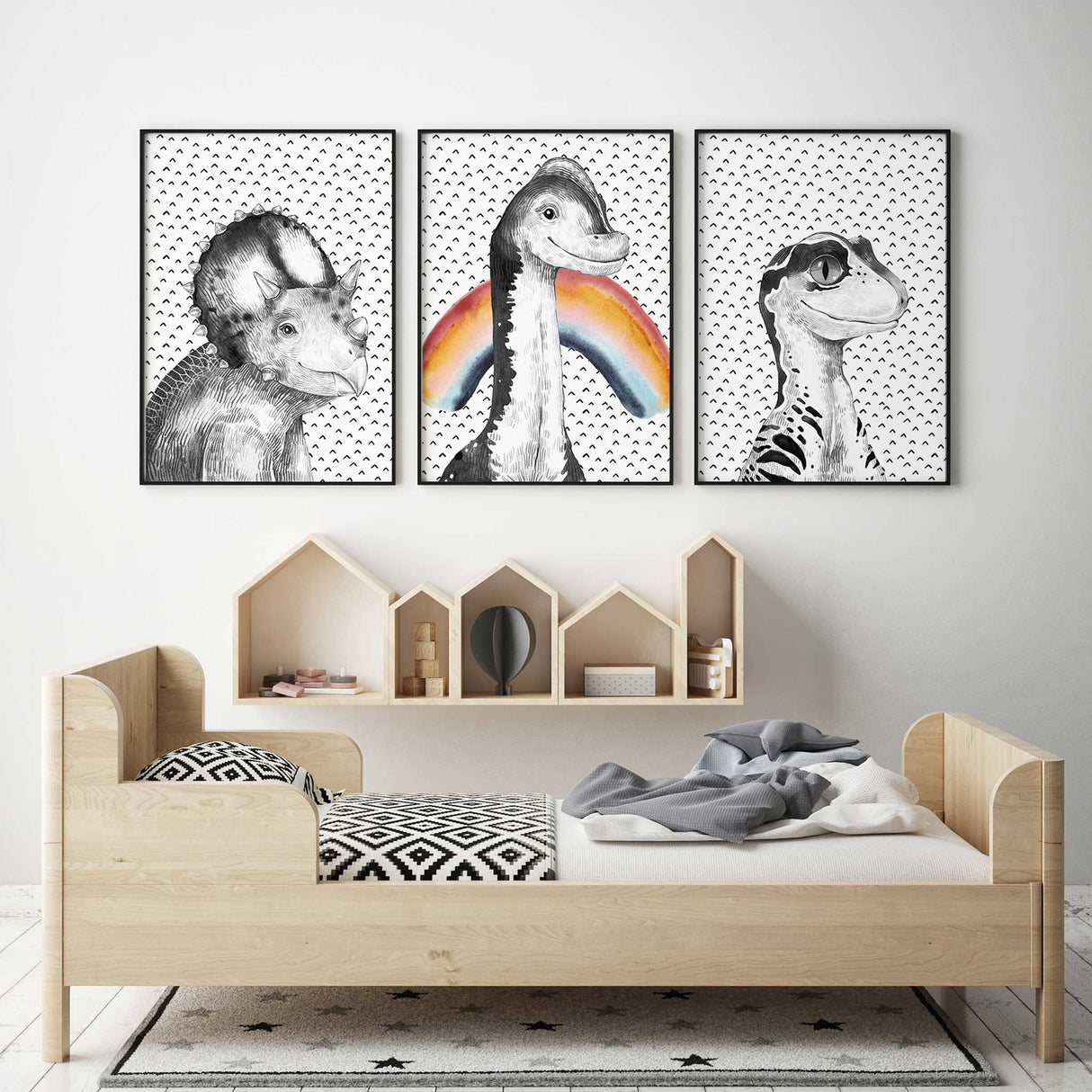 Black and white dinosaur wall art trio for boys or girls bedroom decoration