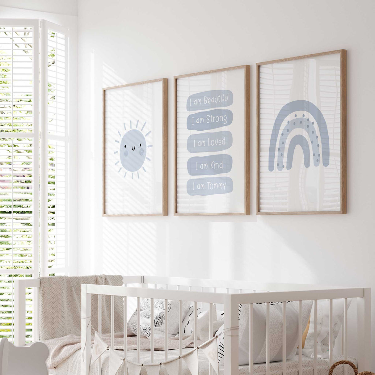 Boys affirmation wall art set with blue sun, rainbow and motivational quotes personalised with child’s name