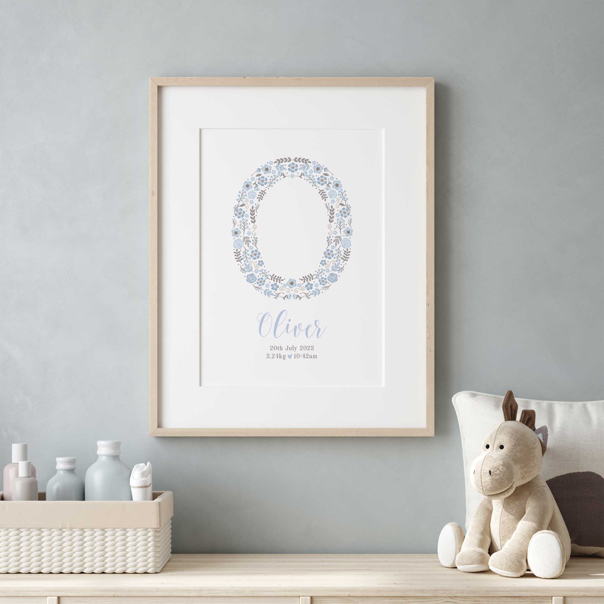 Boys birth stat name print with blue floral monogram
