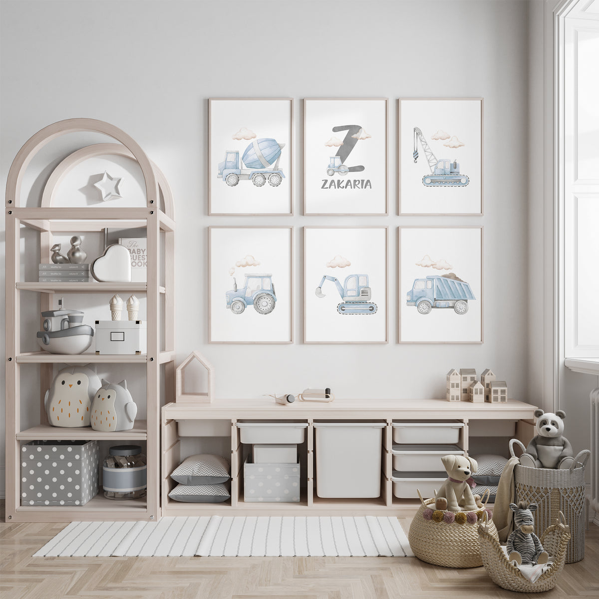 Blue construction print set of six with watercolour vehicles, clouds and a personalised grey initial with name.