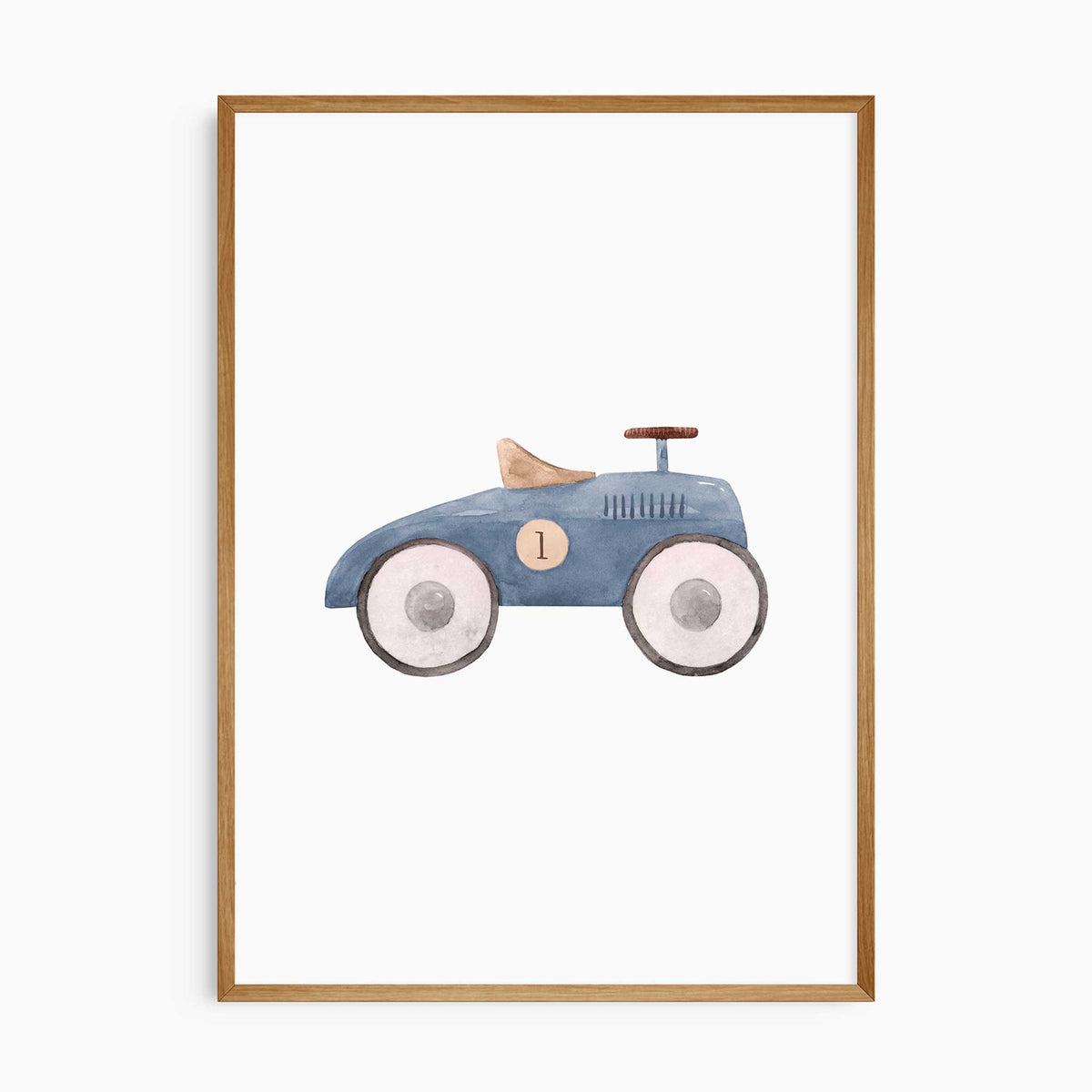 Blue vintage ride-on toy car print featuring the number 1, a tan seat and large pale wheels on a white background.