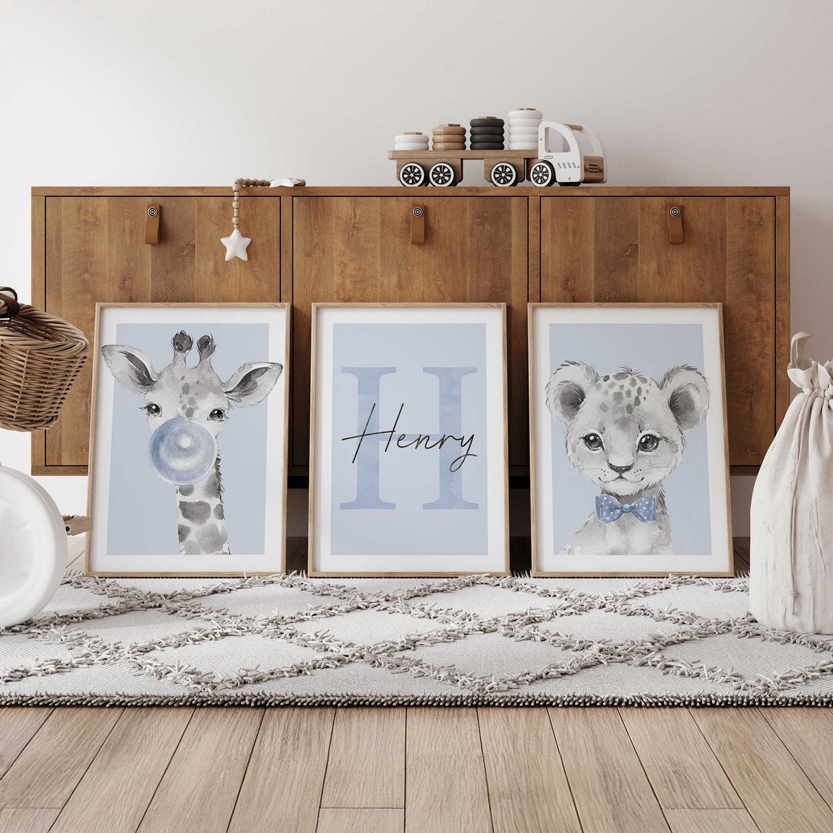 blue safari nursery prints set of 3 with giraffe blowing bubble initial name print and lion with bow tie
