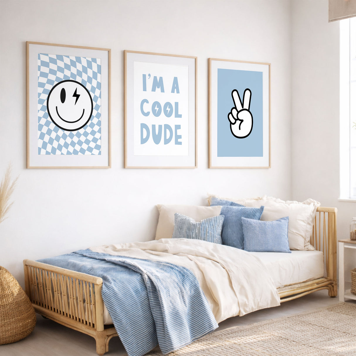 Blue boys wall art set featuring smiley face with lightning eye, “I’m a cool dude” typography print, and peace sign hand illustration in soft blue tones for kids bedroom or nursery.