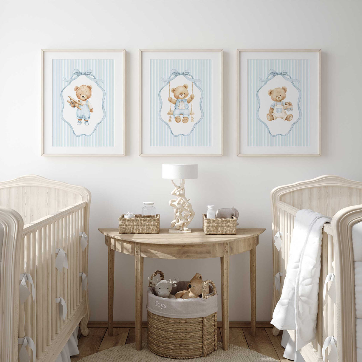 Blue striped teddy bear nursery prints with sweet vintage styling