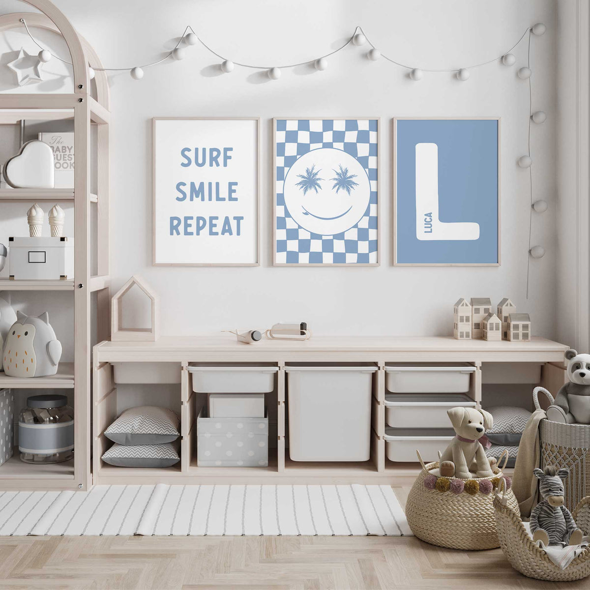 Blue surf nursery prints set of three with coastal artwork and personalised name