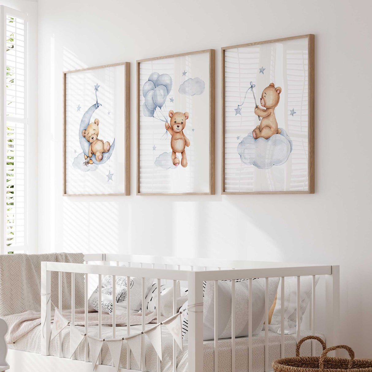 Set of three blue teddy bear nursery prints with moon, balloons, and clouds, watercolour boys bedroom wall art.