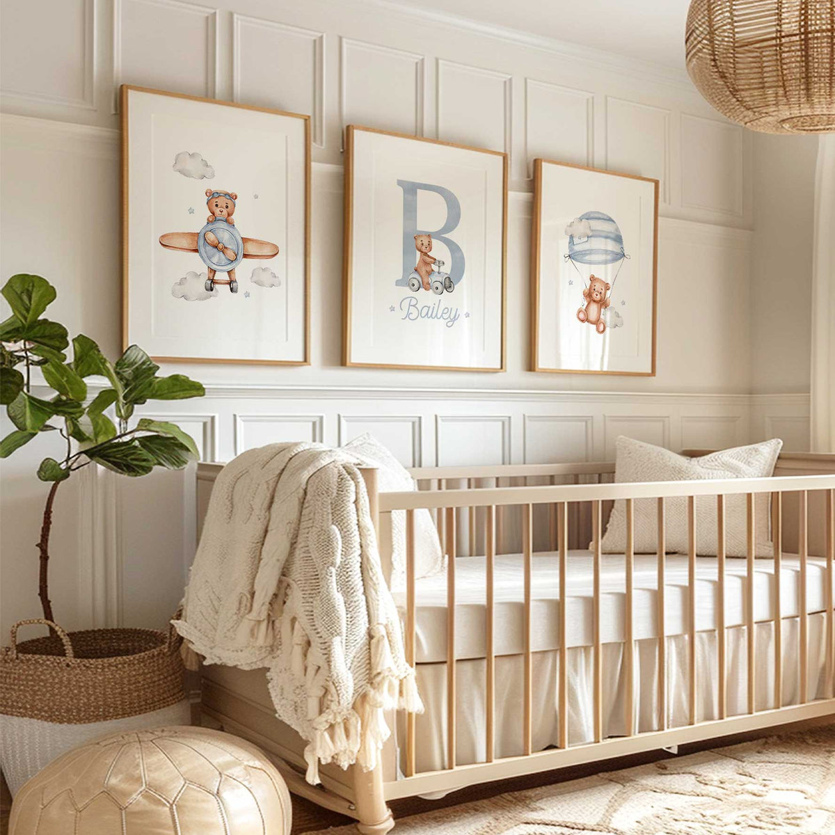 Three blue teddy bear nursery prints with a plane bear, personalised initial and name, and a bear under a parachute.