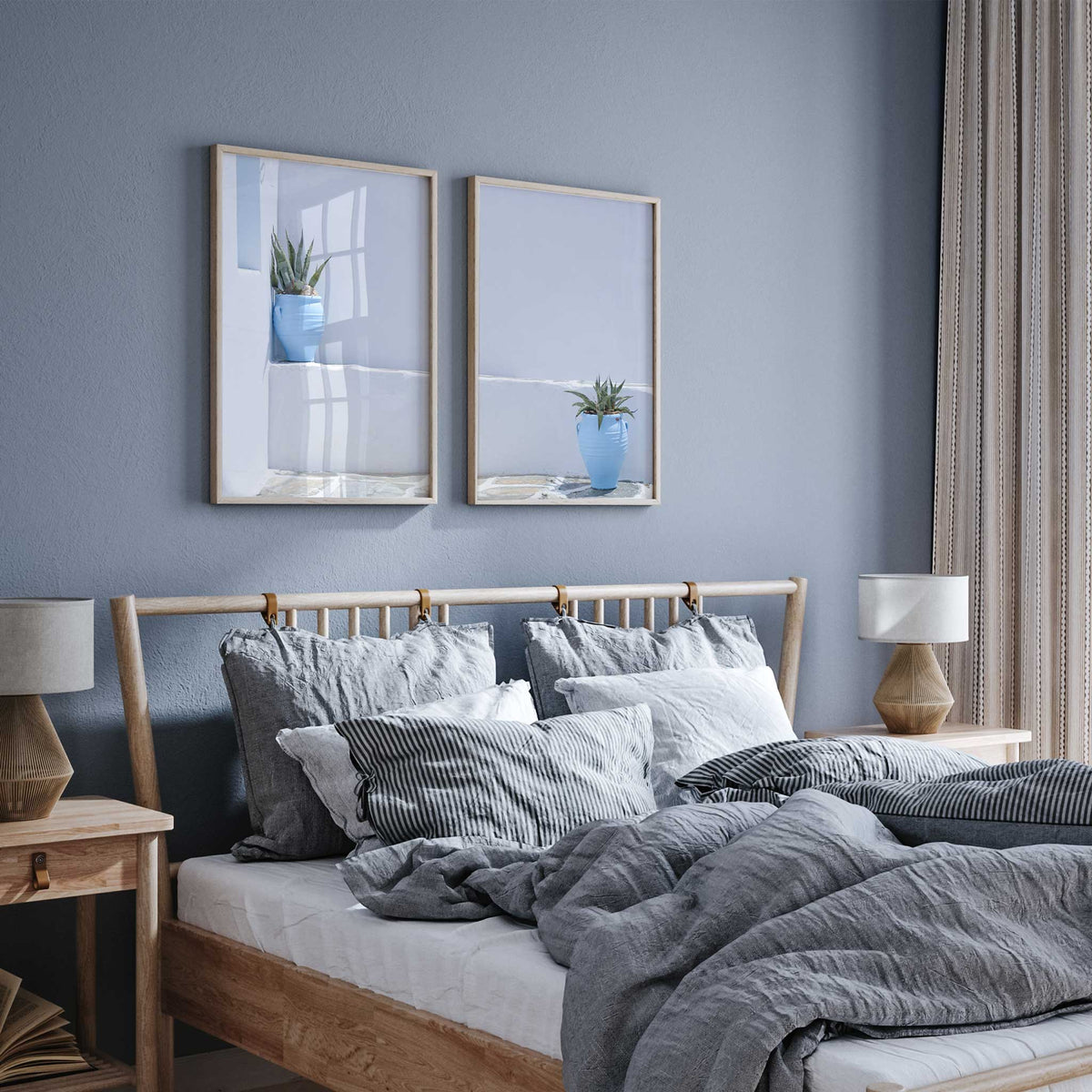 Coastal Mediterranean print set featuring blue plant pots and a calming palette of pale blue, white and grey