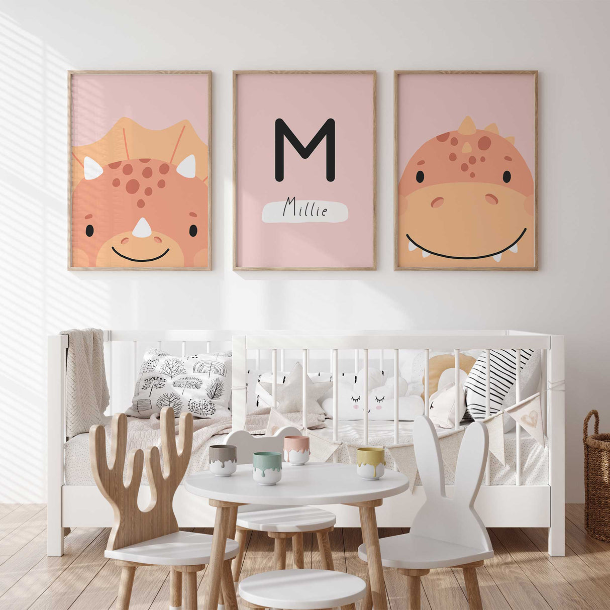Blush-toned dinosaur print for toddler girls wall decor