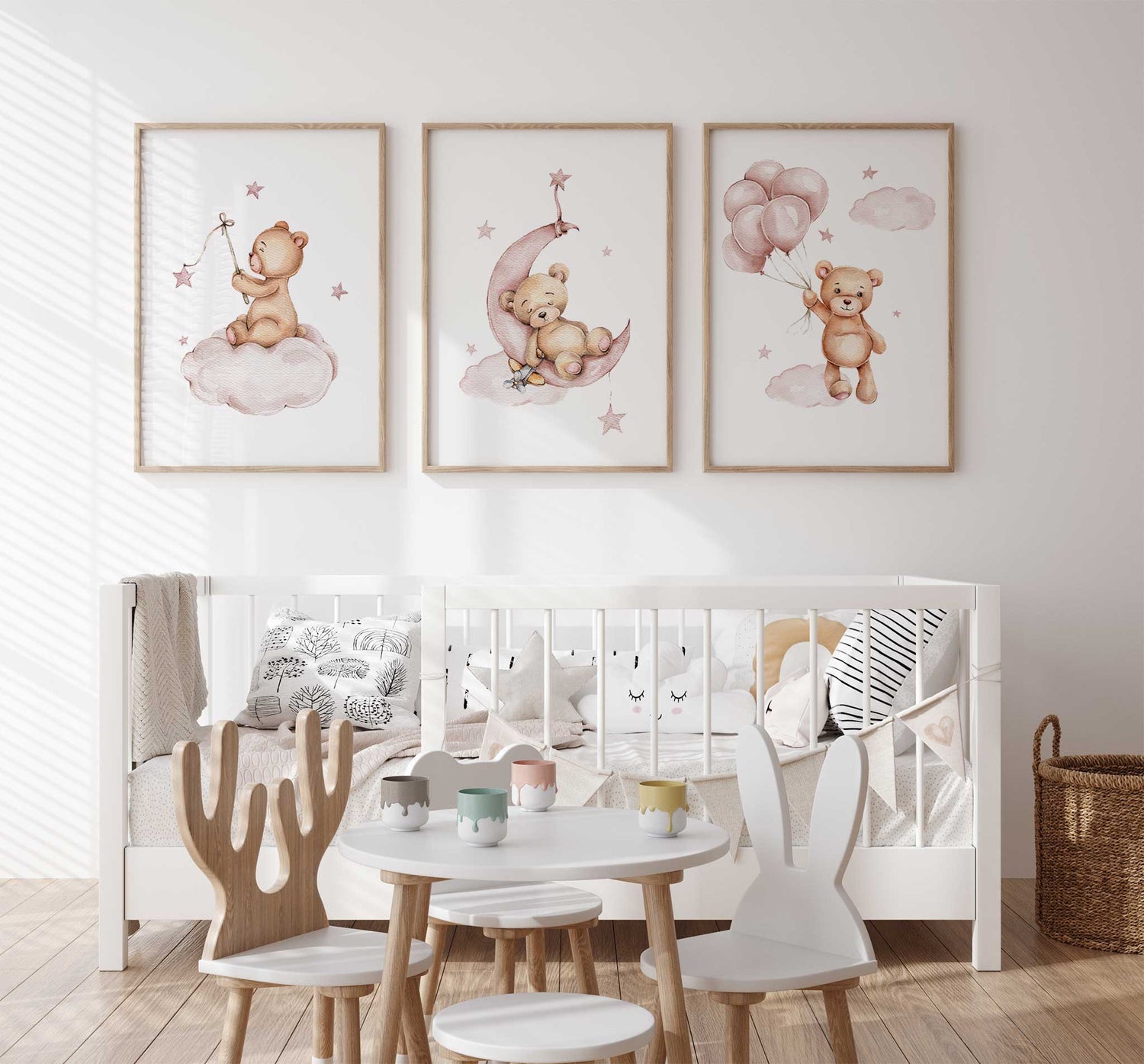 Blush pink and beige teddy bear prints for soft girls bedroom decor