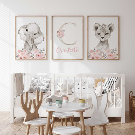 Girls blush nursery safari animal wall art set with floral accents
